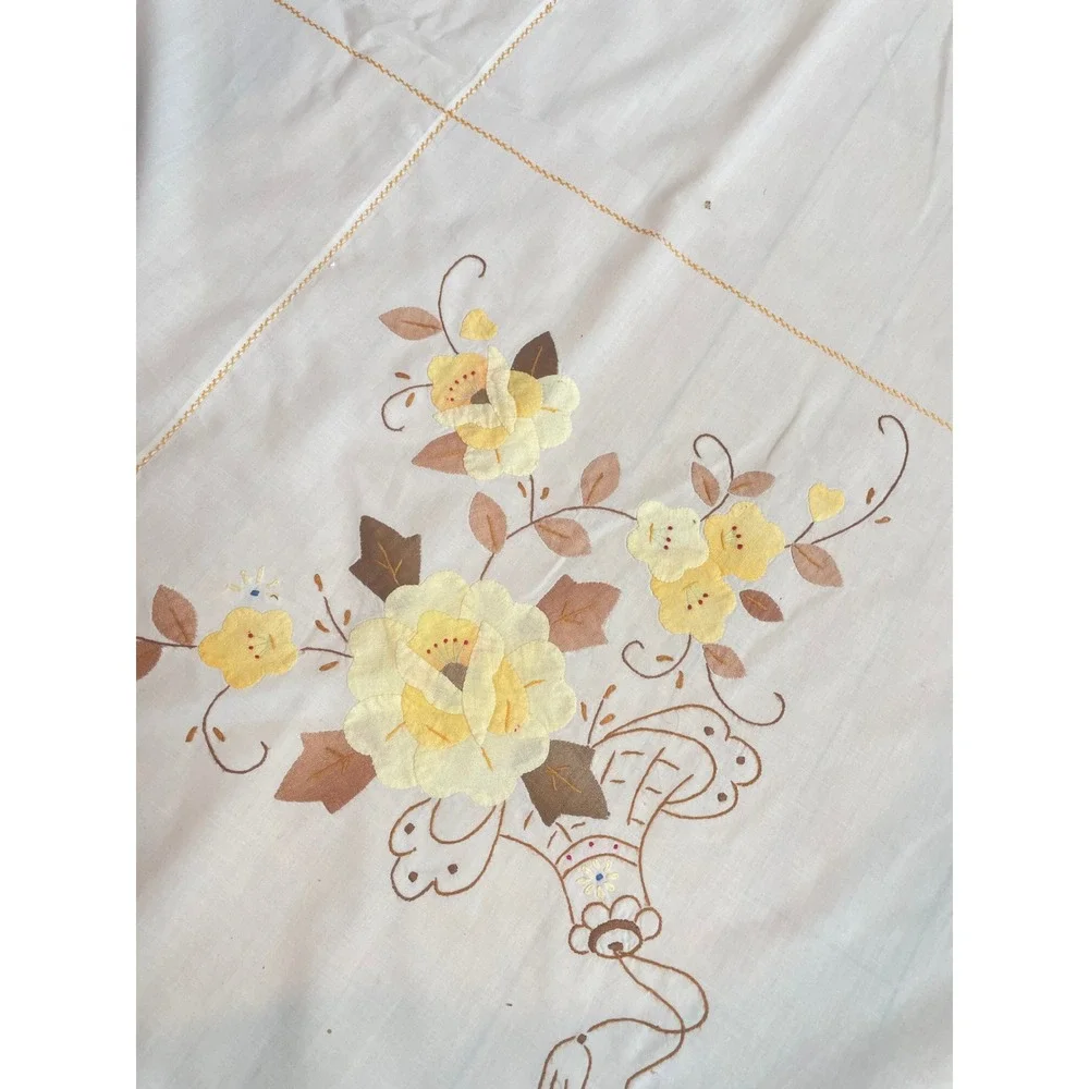 Vintage Hand Embroidered Floral Applique Tablecloth White Yellow Orange 99x65